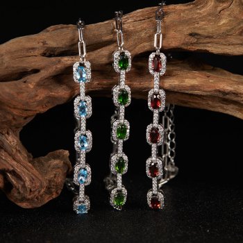S925 Sterling Silver Bracelet Inlaid With Natural Topaz Garnet and Diopside